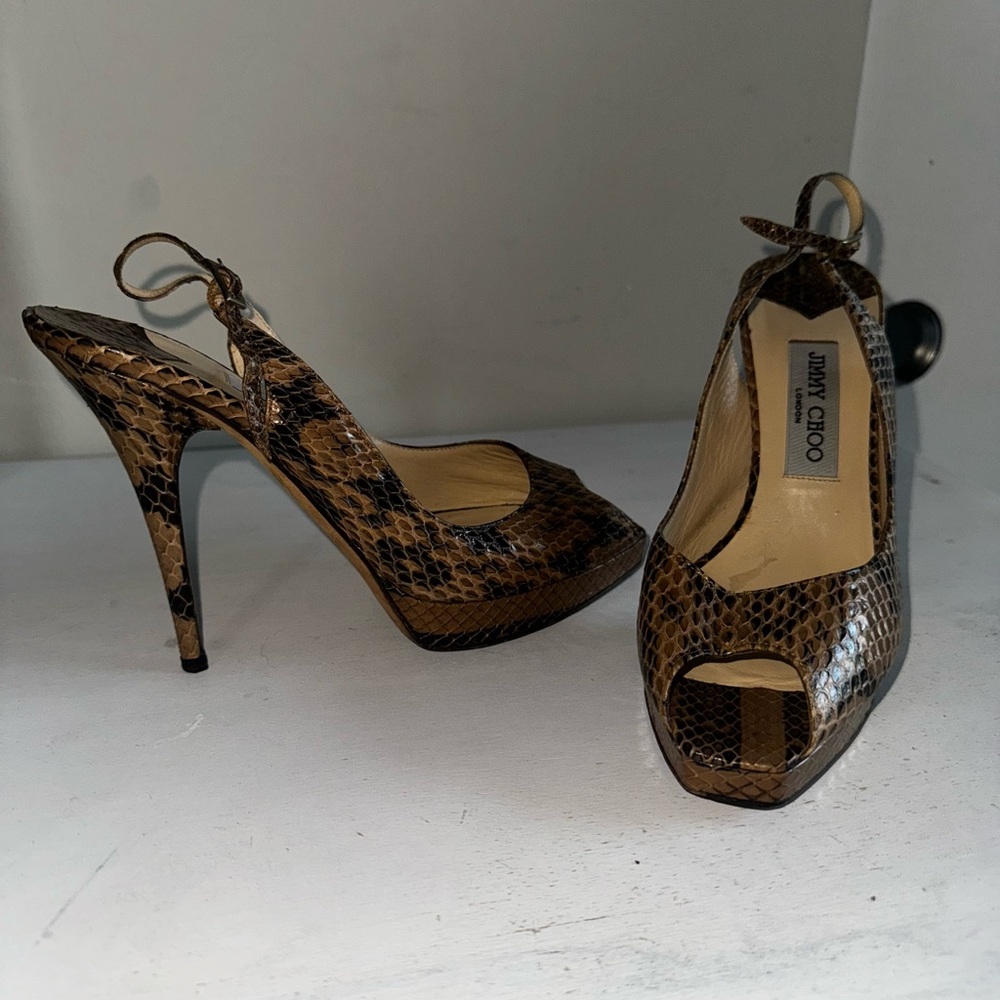 Jimmy Choo Vintage Snakeskin Leather Peep Toe Platform Slingback Pump Heels - Picture 6 of 14